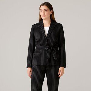 Le Suit Women’s Black Pinstripe Belted Pant Suit Blazer & Pants Set Size 8 NWT